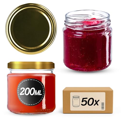 KADAX Lot de 50 bocaux 200 ml avec couvercles à vis Ø 66 mm – bocaux à dessert à parois épaisses, hermétiques, lavables au lave-vaisselle, idéaux pour les confitures et conserves