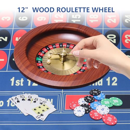 Enkreefi 12” Roulette Wheel Set, Roulette Table Games with 12” Solid Wood Roulette Wheel, 47” x 24” Felt Roulette Mat, 100pcs Poker Chips, 2 Decks of Playing Cards for Casino Game, Gambling Games