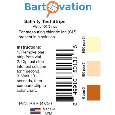Salinity Test Strips, 0-1000 ppm [Vial of 50 Strips] for Chloride Based Salt Solutions for Science Education