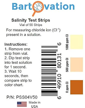 Salinity Test Strips, 0-1000 ppm [Vial of 50 Strips] for Chloride Based Salt Solutions for Science Education