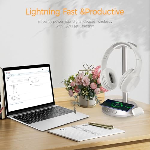 CUIWHRL RGB Headphone Stand with Charger,Gaming Headset Stand for Desk Accessories,Computer Gaming Accessories for Desk,Headphone Holder Wireless Charging Station,Gaming Gifts for Airpods Stand,15W