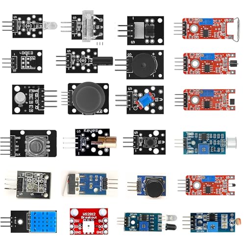 Image of 24-in-1 Sensor Module Kit Compatible with UNO, RPi, ESP32 - Includes Temperature, Light, Sound, Touch, IR, Tilt, RGB LED, Joystick, Buzzer, and More