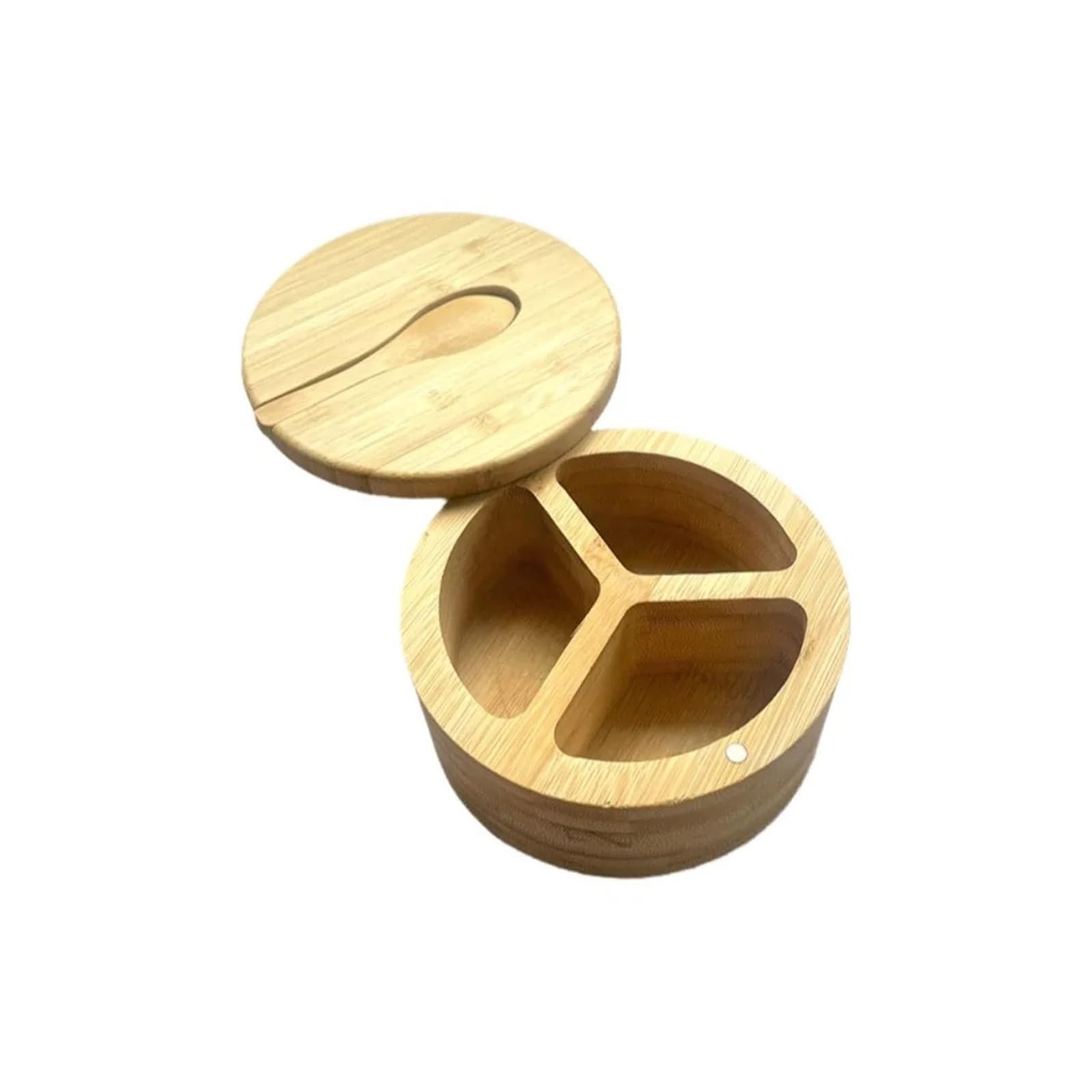 LuoAXINN Wooden Salt Cellar Multifunctional Condiment Container 3-Compartment Material Wood Spice Box Swivel Lid Round Kitchen Pots(3 Grid With Spoon)