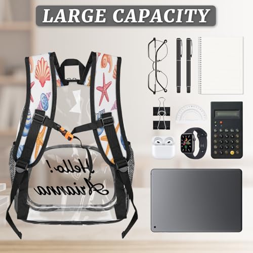 Summer Beach Personalized Large Clear Backpack Heavy Duty for Stadium Approved Custom Seashells Starfish PVC Transparent Backpack with Name See Through Bag for Concerts3