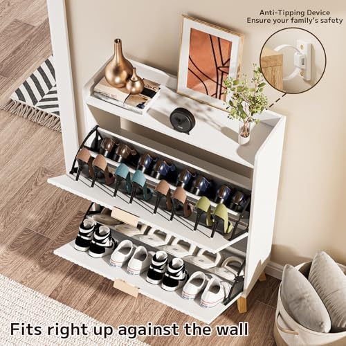 Image of Slim Shoe Storage Cabinet for Entryway, 2 Flip Drawers Wooden Organizer with Fluted Panel, Secure Fence Top for Plants & Decor, Hidden Shoe Storage for Hallway & Foyer (White)