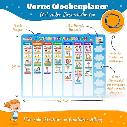 YOURGANIZE® 2-in-1 Wochenplaner und Tagesplaner für Kinder - inkl. 196 Magnete + 160 Sticker zum Personalisieren - Routine Planer Kinder