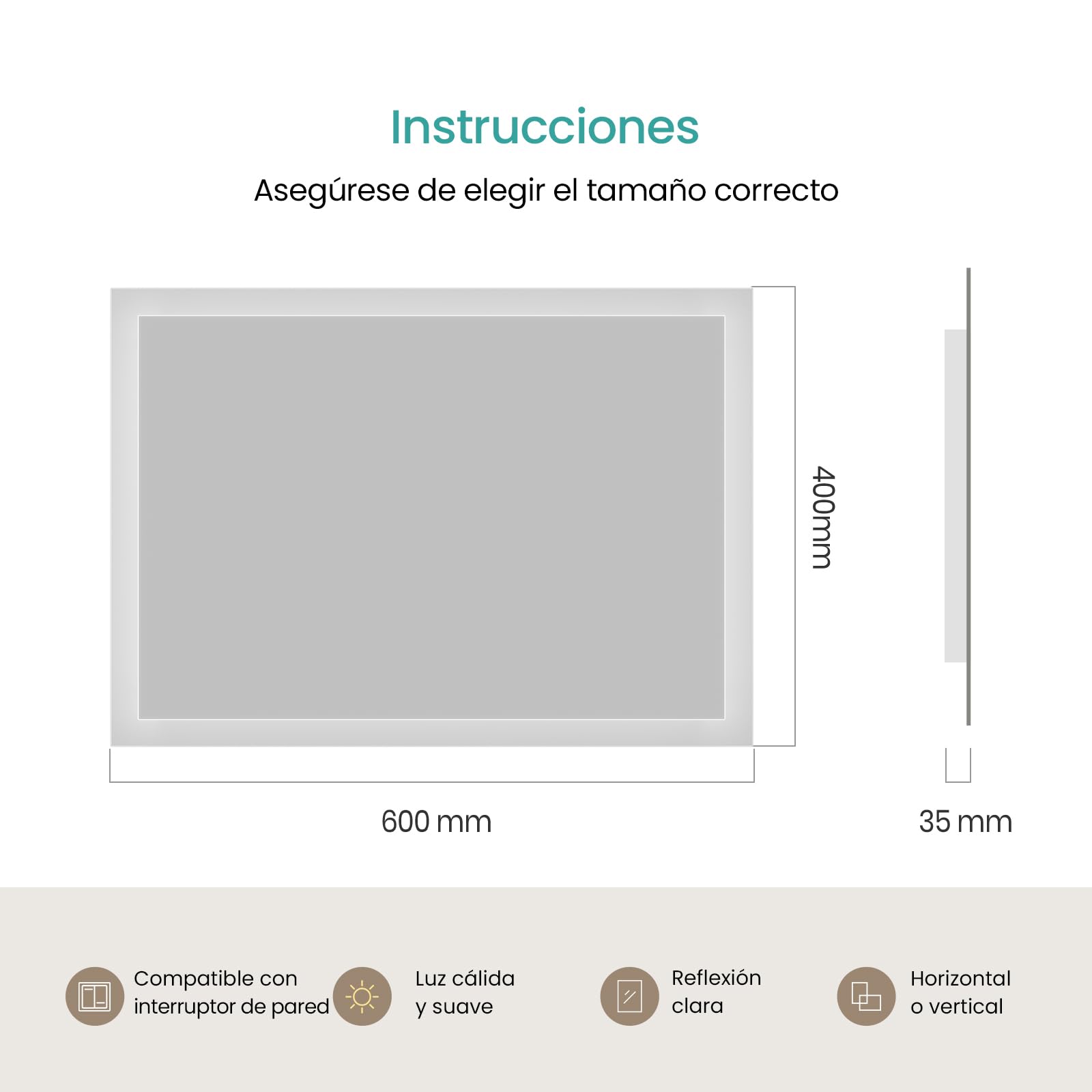 EMKE Espejo Baño con Luz Led 40x60 cm, 3000K Blanco cálido | Espejo de baño LED , Interruptor de Pared, Instalación Vertical/Horizontal, Espejo Anti-explosión IP44, LED Espejo