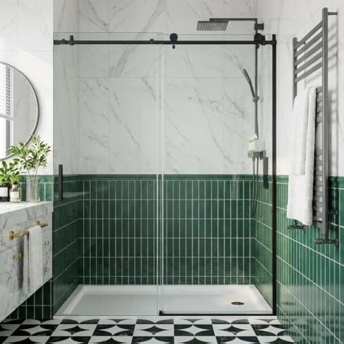 Image of Frameless Sliding Shower Door with Fixed Panel, 44-48 Inch Width x 76 Inch Height, 6mm Tempered Glass, Matte Black Finish, Round Stainless Steel Track, Bathroom Renovation Upgrade