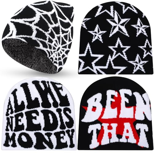 Image of Ramede 4 Pcs Y2k Beanie - Double Sided Graphic Beanies for Men and Women, Acrylic Knitted Y2k Hats Accessories