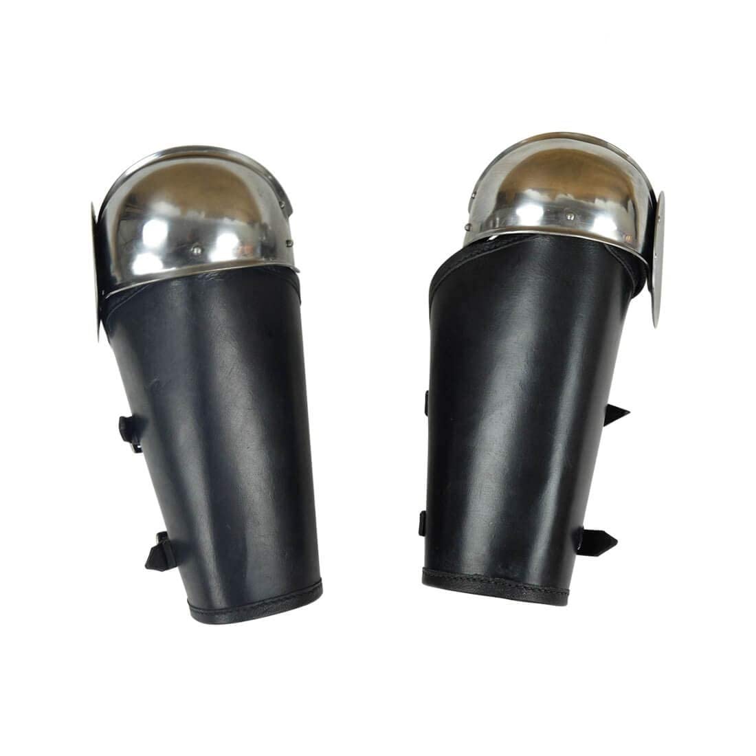 NauticalMart Medieval Leather Greaves with Steel Knee Armor - 18 Gauge Steel