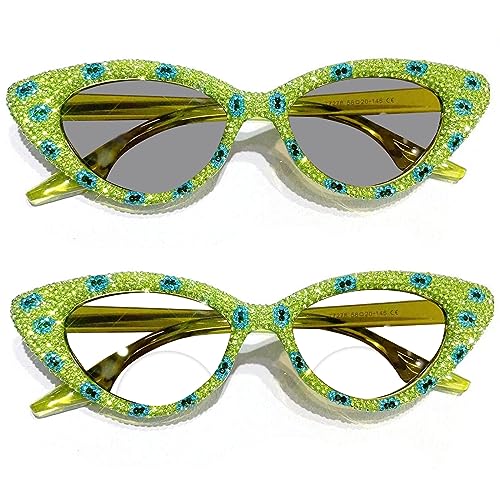 mincl Transition Photochromic Cat Eye Bifocal Reading Glasses for Women Far Near Presbyopia Rhinestone Sunglasses Reader (green, 1, multiplier_x)
