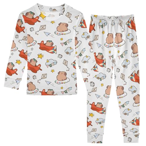 Cartoon Capybara Pilot Cute Pajama Sets Long Sleeve Top and Pants, Snug Fit Sleepwear for Night Wears