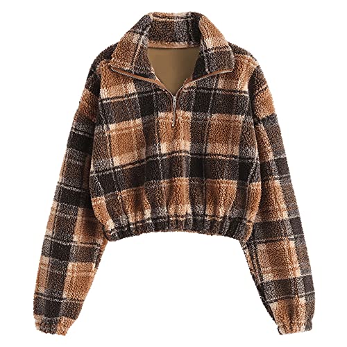 ZAFUL Women's Sherpa Pullover Faux Fur Half Zip Long Sleeve Crop Sweatshirt (0-Brown, L)