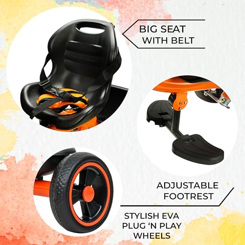 Image of Amazon Brand - Symactive Tricycle for Kids | Plug N Play | Baby Cycle with Parental Control, EVA Wheels, Bell, Seat, Belt & Basket | 2+ Years Unisex | Maximum User Weight Limit 25 Kgs | Orange