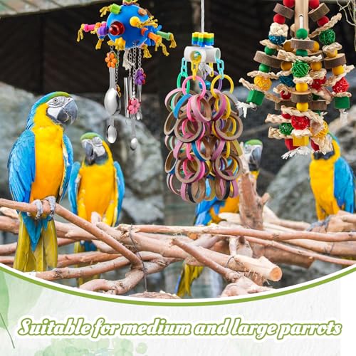 Image of Seenelling 3 Pcs Extra Large Bird Toys for Parrots, Ring and Ball | Multicolored Natural Wooden Blocks & Beads Bells, Bird Cage Chewing Toys for Large Medium Macaws African Grey Cockatoos