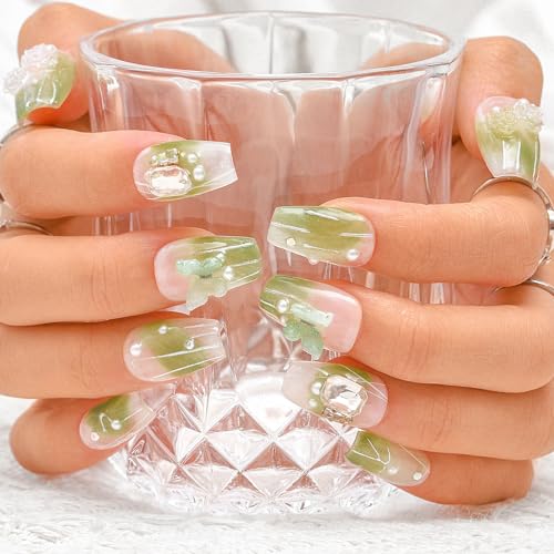Sethexy Short Coffin Handmade False Nails - 3D Butterfly, Gradient, Rhinestone, Pearl Press on Nails Women Salon Stick on Nails 10PCS - Image 2