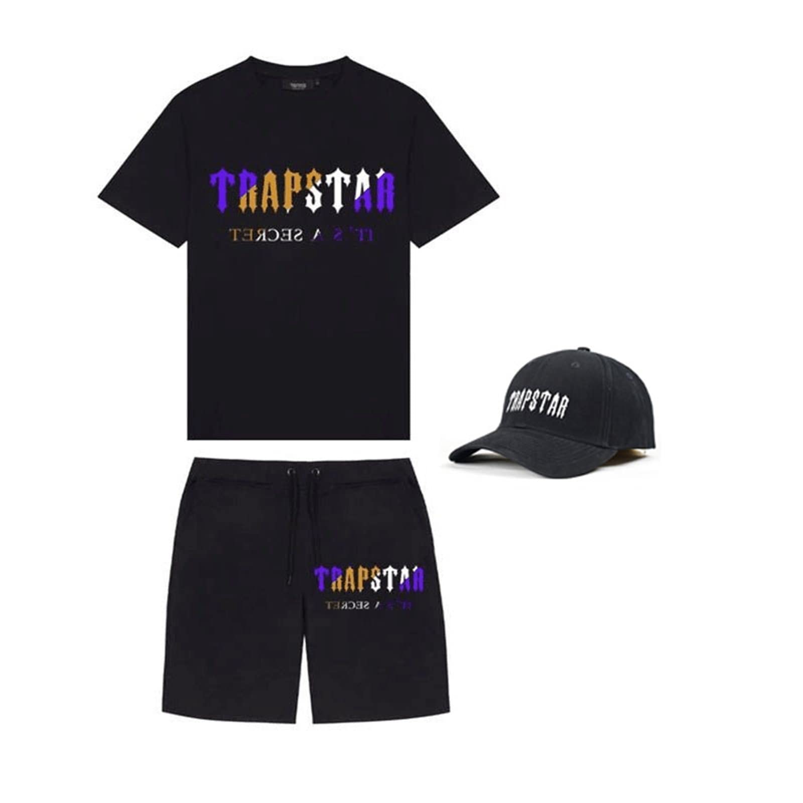YOUPO Trapstar Letters Printed Casual Sportswear Suit, Men and Women T-Shirt + Shorts + Hat 3 Piece, Loose Jogging Short Sleeve Tracksuits (Color : F, Size : X-Large)