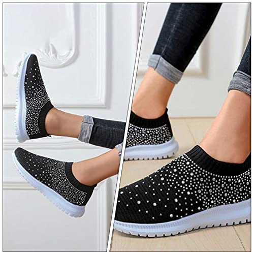 Women's Rhinestone Slip on Sneakers Breathable Mesh Sports Shoes Lightweight Casual Walking Shoes in Black4