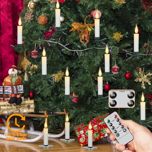 Image of Wondise Christmas Flameless Taper Candle Christmas Tree Candle Lights Battery Operated Candles with Remote & Timer, 10pcs Set Flameless Flickering LED Candles for Christmas Holiday Home Garden Decor