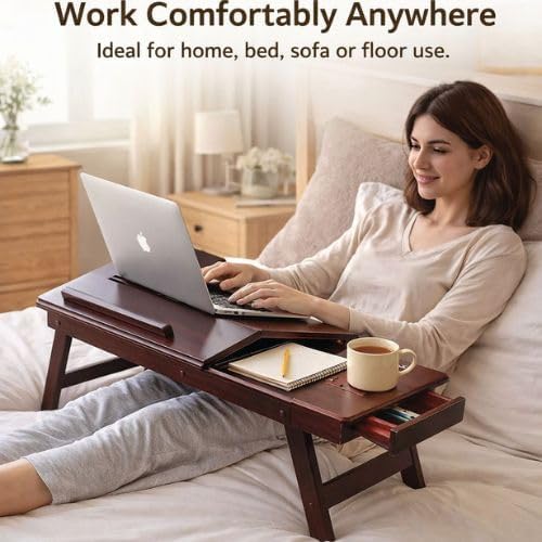 Image of Wooden Laptop Table Standard Adjustable Study Table with Laptop, Portable Lap Desk, Multifunctional Bed Table with Drawer and Folding Legs (Brown N)