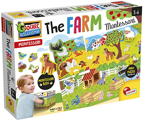 Lisciani Montessori - Mi granja - Juego educativo para niños a partir de 3 años - Caja tactil y maxi puzzle con los animales de la granja