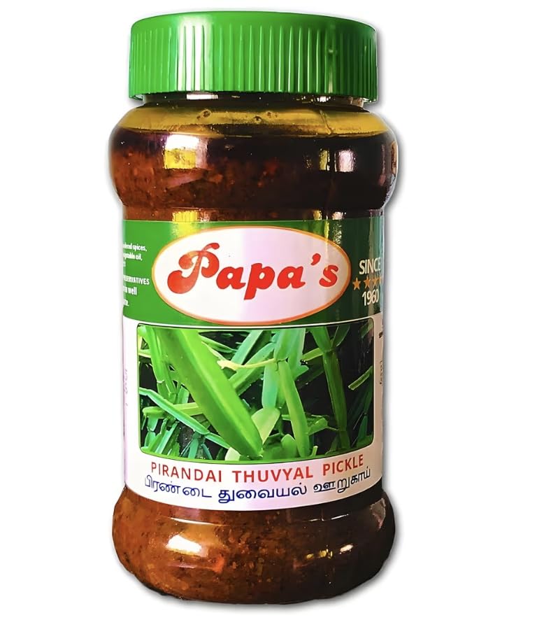 PAPAS PIRANDAI THOKKU HOMEMADE RICEMIX PICKLE OF 300GM FOR IRON, BONE HEALTH, KNEE PAIN RELIEF. (Hadjod, Nalleru, Peranda, Vajraballe)- THE AUTHENTIC TASTE OF SOUTHINDIAN PIRANDAI VELD GRAPE PICKLE