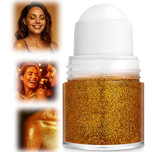 Image of Golden Glow Roller Glitter Gel - Holographic Sparkling Highlighter for Face Hair and, Long Lasting Shimmer Makeup for Festival Rave Party Stage Performance, Professional Cosmetic Roll-On
