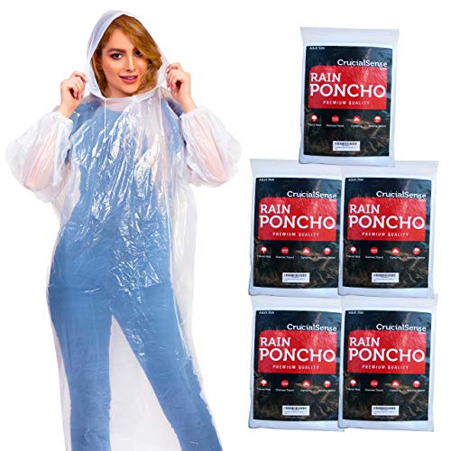 CrucialSense Rain Poncho for Adults - Disposable Family Pack of 5, Waterproof Rain Ponchos/Translucent White Raincoat with Hood