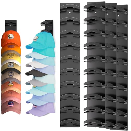 Hat Organizer for Baseball Caps 4Pack, Hat Rack for Wall with Strong Adhesive Hold up to 40 Hats, Hat Hanger Holder Display for Door Closet, Cap Organizer Storage Multilayer Two Mounting Option(Black)