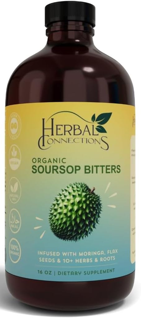 Organic Soursop Bitters Liquid with Moringa and Aloe Vera - Infused with 10+ Herbs - 16 Ounces Vegan Blend