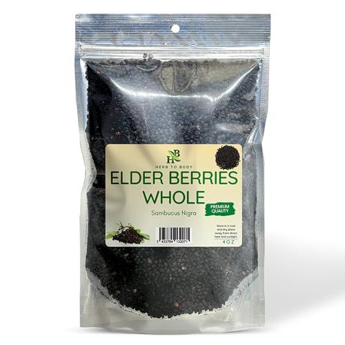Herb To Body Organic Elderberry Dried Whole - 4oz Wildcrafted Sambucus Elderberry for Syrup Teas and Herbal Recipes