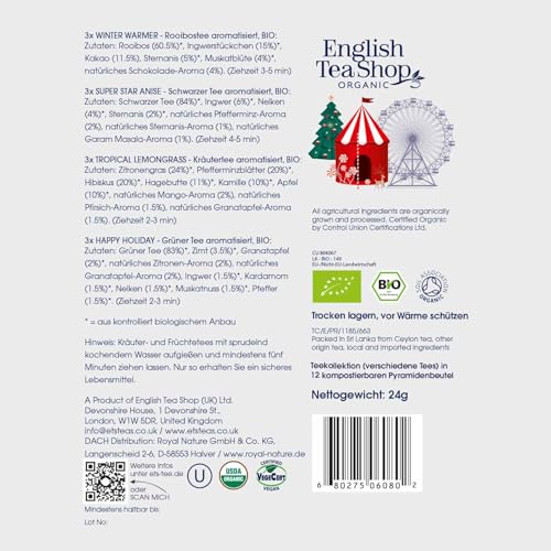 ETS Tee Geschenk mit Schleife Holiday Collection weiß | 12 BIO-Wintertees | 4 verschiedene Sorten | Pyramidenbeutel | Umweltfreundliches Geschenk zu Weihnachten