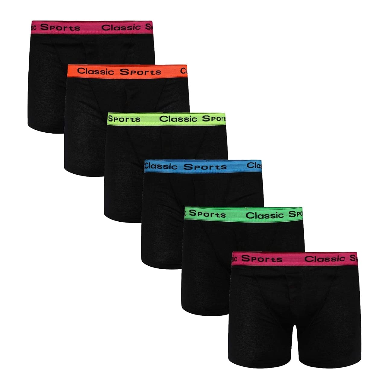 Unranded Men's Neon 6 Pack Classic Sports Cotton Boxer Shorts Trunks Underwear/ Waistband (S)