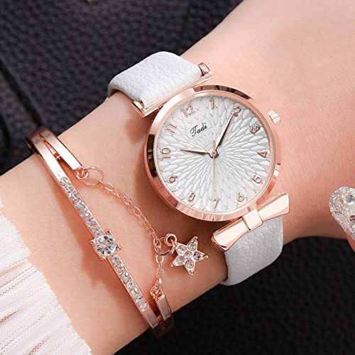 Women Girls Watches Bracelet Set Fashion Ladies Casual Leather Quartz Jewelry Gift Romantic Valentine's Day (C)
