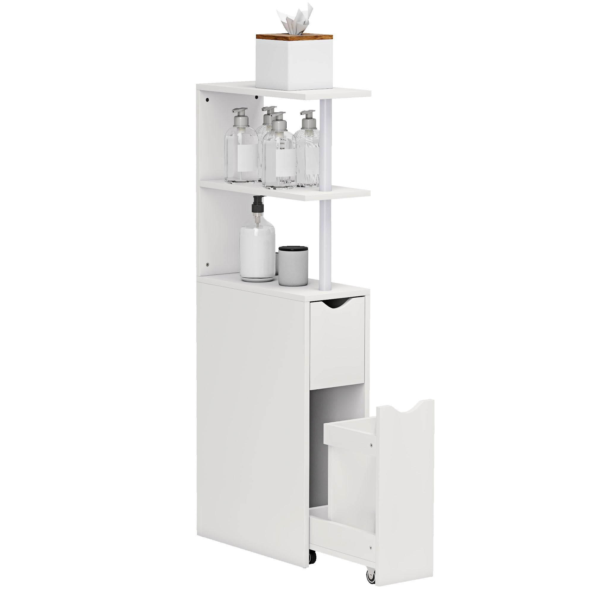 HOMCOM Meuble de Salle de Bain avec tiroir sur roulettes, Meuble de Rangement, Armoire Salle de Bain avec étagères Ouvertes, tiroirs, pour Salon Salle à Manger Petits espaces 20 x 45 x 115 cm, Blanc