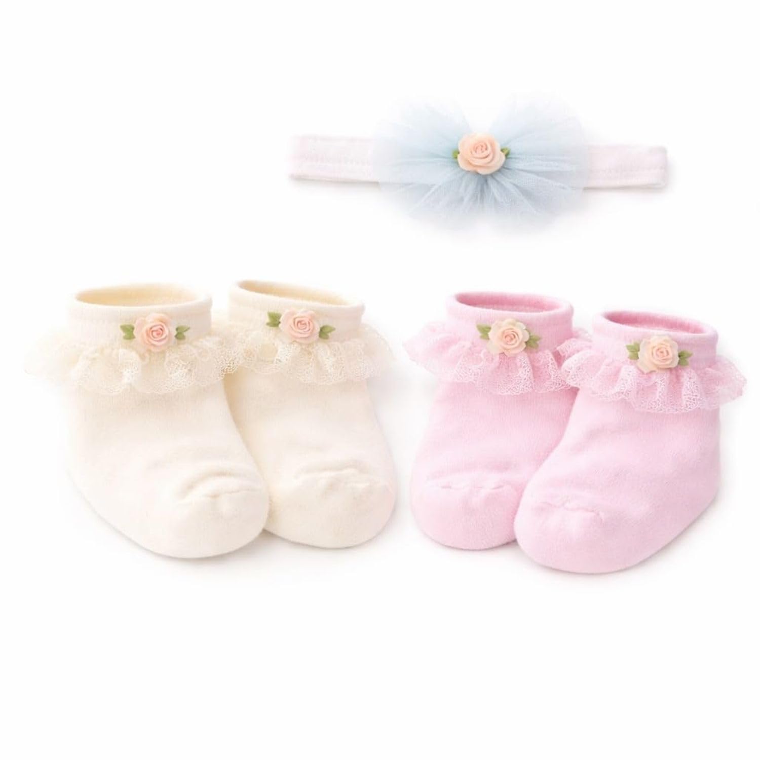 madhav communication MADHAV Baby Frill Socks for Newborn Girls (0-6 Months) – 2 Soft Polymer Lace Ankle Socks with 1 Ribbon Rose Design, Comfortable and Stylish Baby Socks for Special Occasions-picture-45