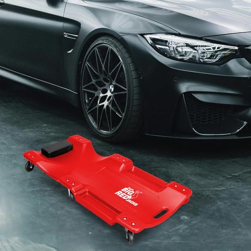 Image of BIG RED TRP6240 Torin Blow Molded Plastic Rolling Garage /Shop Creeper: 40 inch Mechanic Cart with Padded Headrest, Dual Tool Trays and 6 Casters, Red