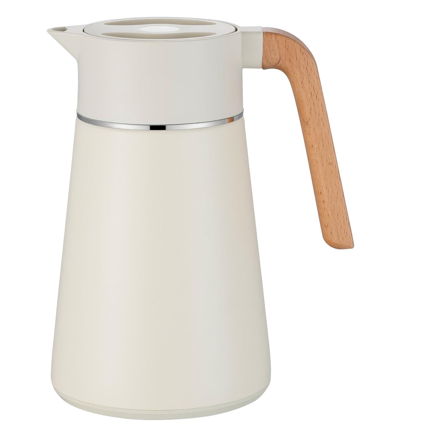 VETIN Termo con colador de té de 1,5 l de acero inoxidable 304, jarra térmica | A prueba de fugas, 10 h caliente y 16 h frío, para té, café y bebidas frías (tapa: blanco | cuerpo: beige cálido)