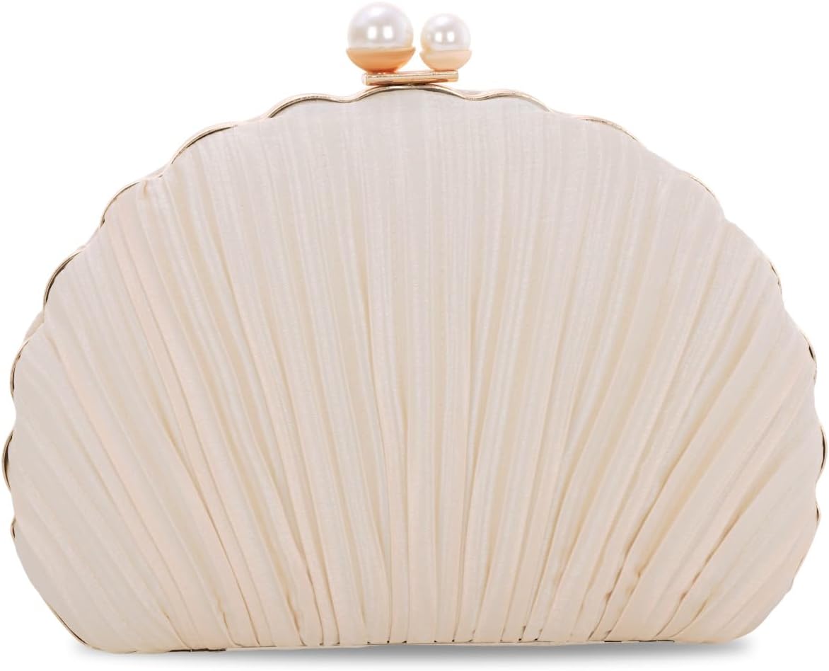 Oweisong Shell Clutch Purses for Women Formal Satin Bride Evening Bag Wedding Dress Handbag with Pearl Chain
