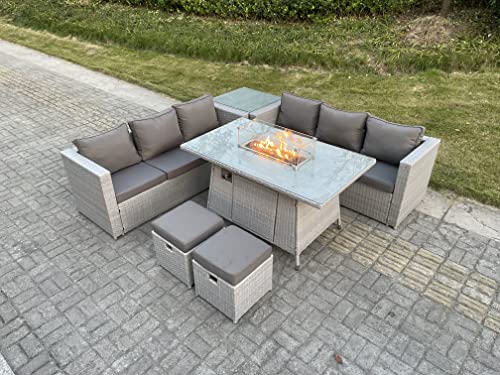 FMSGarden Light Grey Rattan FirePit Garden Furniture Set Gas Heater Burner Lounge Sofa Dining Table With Side Coffee Table 2 pc Stool