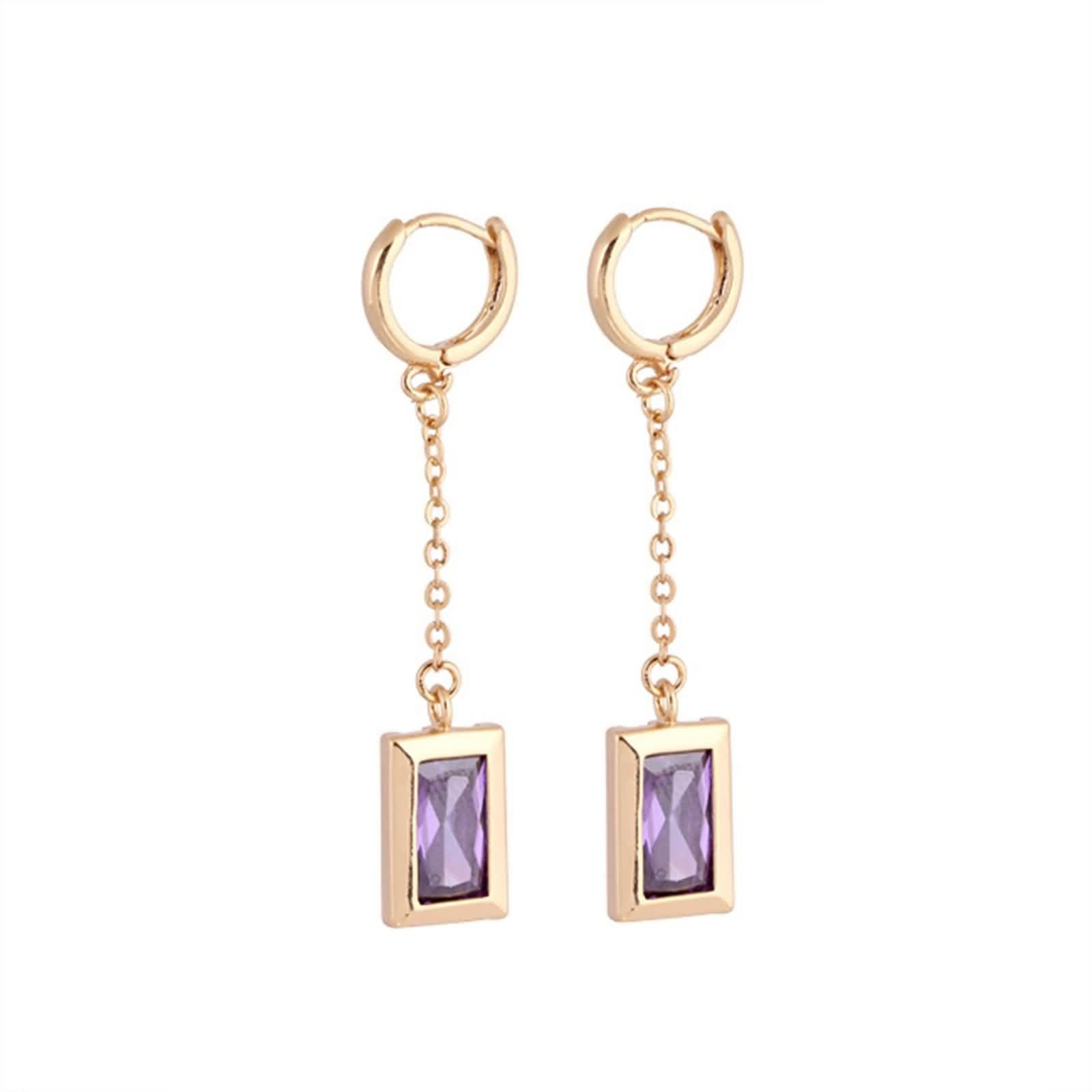Pendientes de aro de oro amarillo Au585 de 14 quilates, para mujer, amatista morada, corte rectangular, oro de 14 quilates, pendientes pequeños de oro real