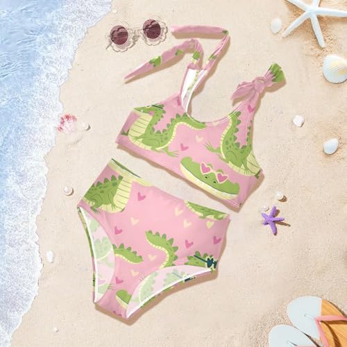 Girls' Bikini Set, Alligator Crocodiles Heart Glasses Pink Kids Swimsuit 2 Pcs Beach Bathing Suit4