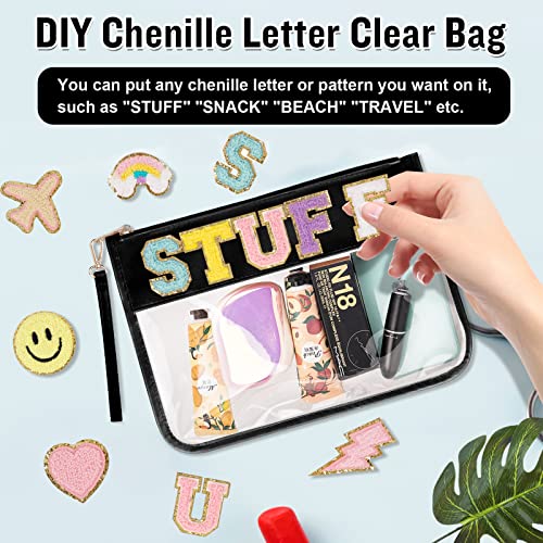 Izuzta Clear PVC Flat Pouch - Travel Makeup Bag With Wristlet, DIY Chenille Letter Bag, Waterproof Portable Toiletry Cosmetic Pouch for Women Girls (Black)3