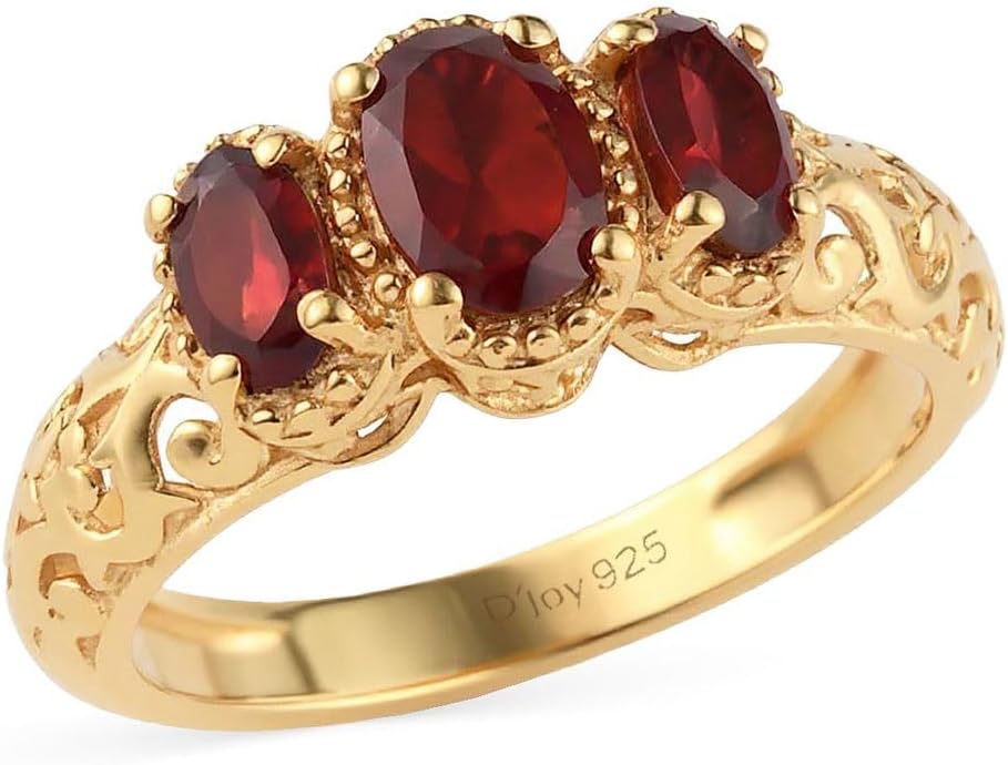 3 Stone Garnet Ring for Women in 925 Sterling Silver With 14K Gold Plating - January Birthstone Promise Engagement Vintage Red Garnet Jewelry - Anniversary Valentines Day Gifts for Womens