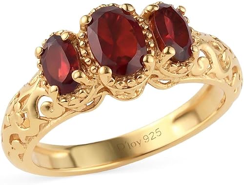 3 Stone Garnet Ring for Women in 925 Sterling Silver With 14K Gold Plating - January Birthstone Promise Engagement Vintage Red Garnet Jewelry -
