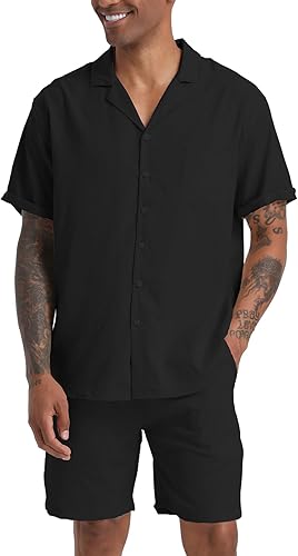 Miniatura 2 de RPOVIG Conjunto de 2 piezas de camisa de lino para hombre, conjunto de 2 piezas con botones, ropa casual de verano, ropa de vacaciones