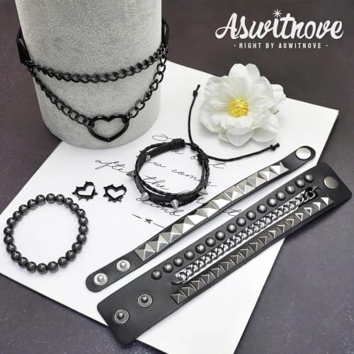 Aswitnove 6 Pcs Punk Studded Bracelets Grunge Gothic Necklace Earrings Jewelry Set 80s Alt PU Emo Bracelets Goth Heart Chain Choker Layered Cross Necklace Y2K Spike Heart Earrings for Women Men Heart by Aswitnove - Used condition - Image 7