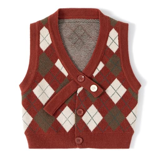 gztz61 kids Kids Argyle Sweater Vest Classic Sleeveless with Buttoned Strap Design Warm Toddler Cardigan for Winter Red