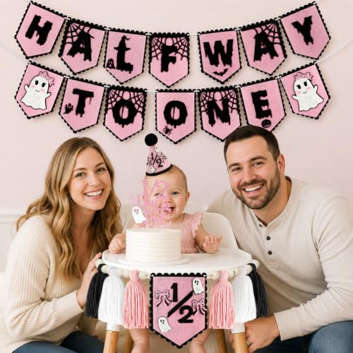 Image of 1 /2 Birthday Girl Half Birthday Decorations-Halloween Half Way to One Kits | 6 Months Birthday Decorations; High Chair Banner Boy;Wooden Cake Topper; Half Birthday Hat