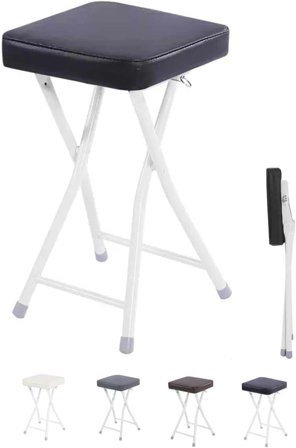 19in Square Breakfast Folding Stool, PU Upholstered Backless Folding Kitchen Chair, Steel Frame, for Dorm, Recreation Game Room (Color : Black)